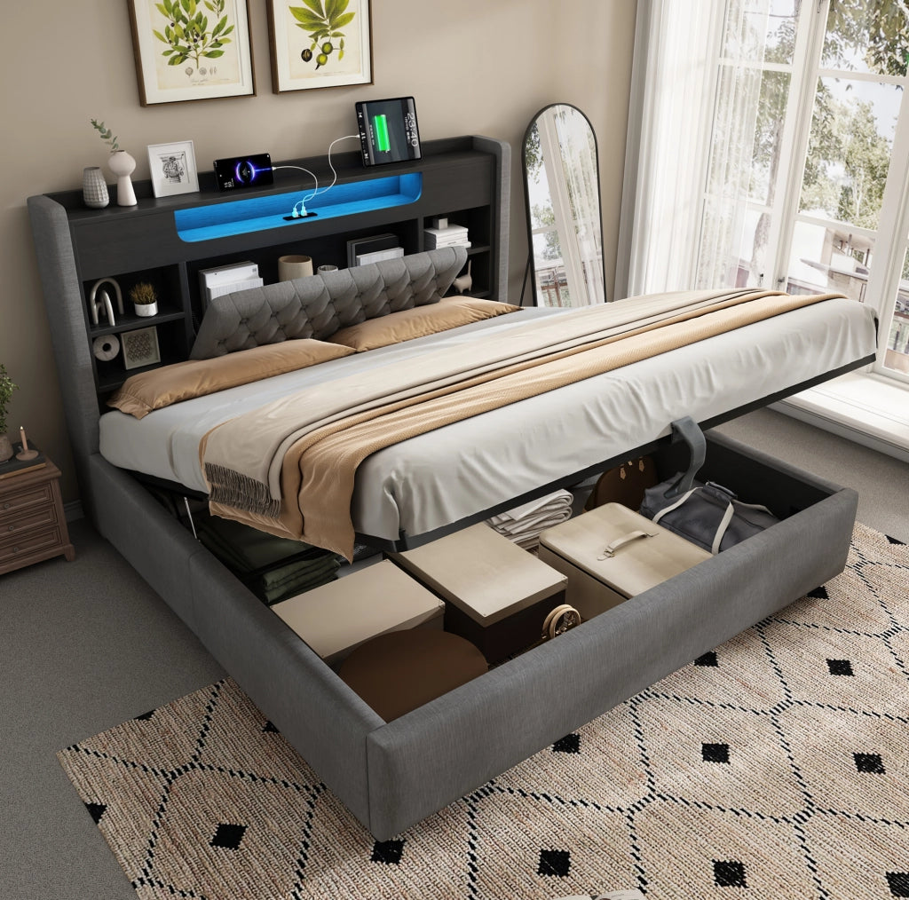 Letto matrimoniale 140x190 cm con contenitore idraulico; LED e ricarica USB/USB-C grigio HOMVRA