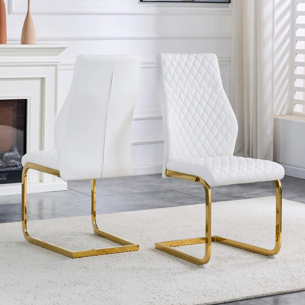 Set di 2 Sedie da Pranzo con Schienale Alto, Rivestimento in PU Bianco a Motiv Rombi e Struttura in Metallo Dorato Antiscivolo