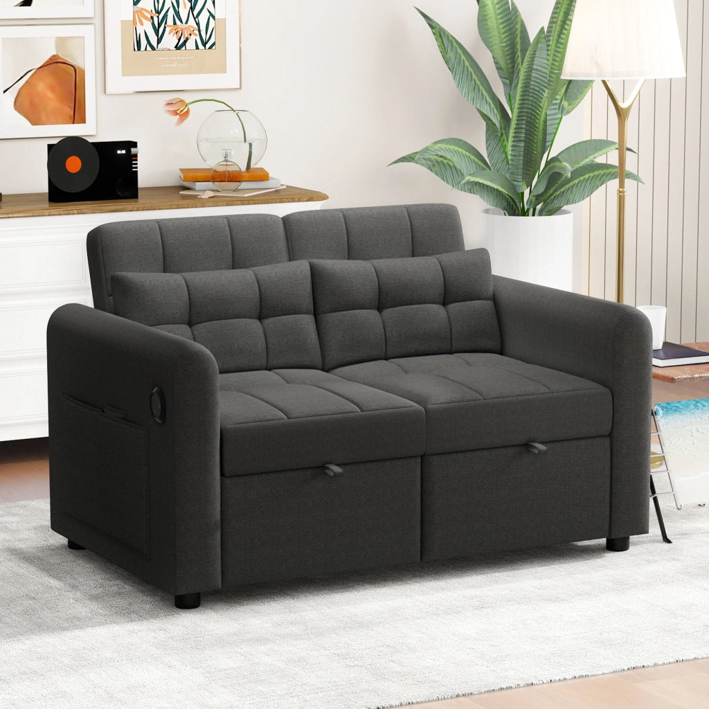 Divano letto 3 in 1 a 2 posti 142 cm con schienale reclinabile e porte USB integrate; tessuto effetto lino; grigio