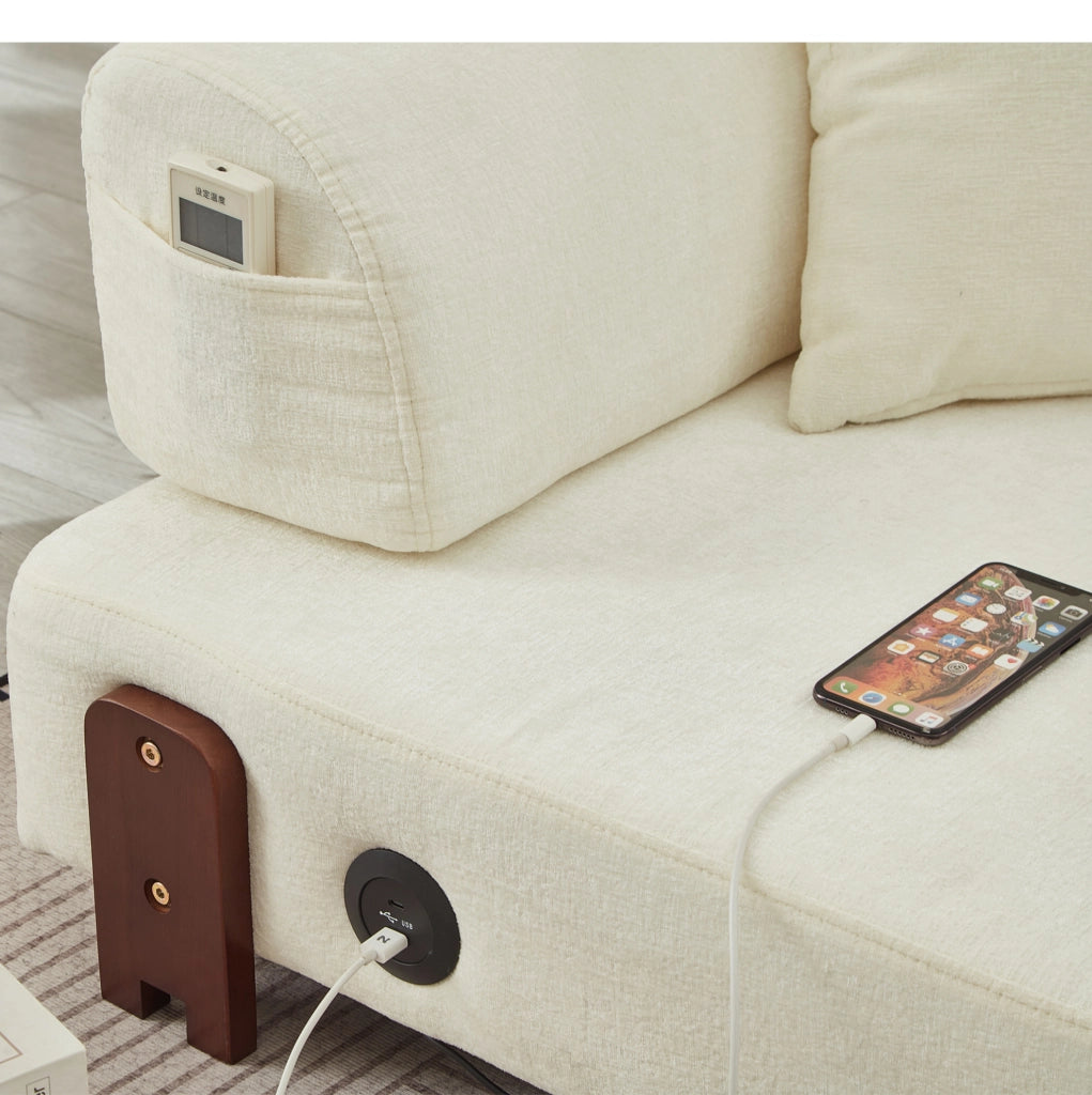 Divano letto pieghevole ULEVR 2 in 1 con porte USB e Type-C, vano contenitore, tasche laterali e cuscino, beige