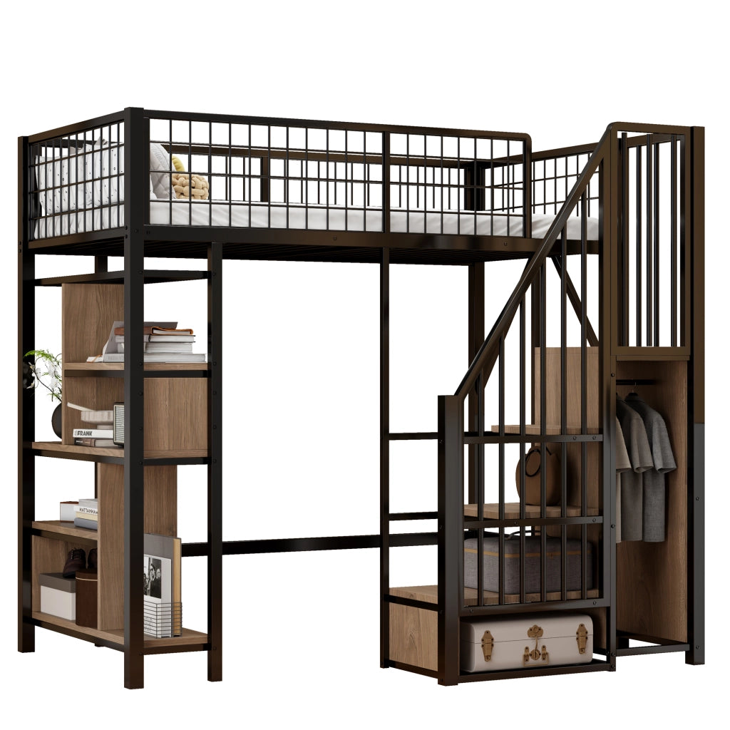 Letto a soppalco 90x200 cm con scala contenitore, struttura in metallo e legno, nero