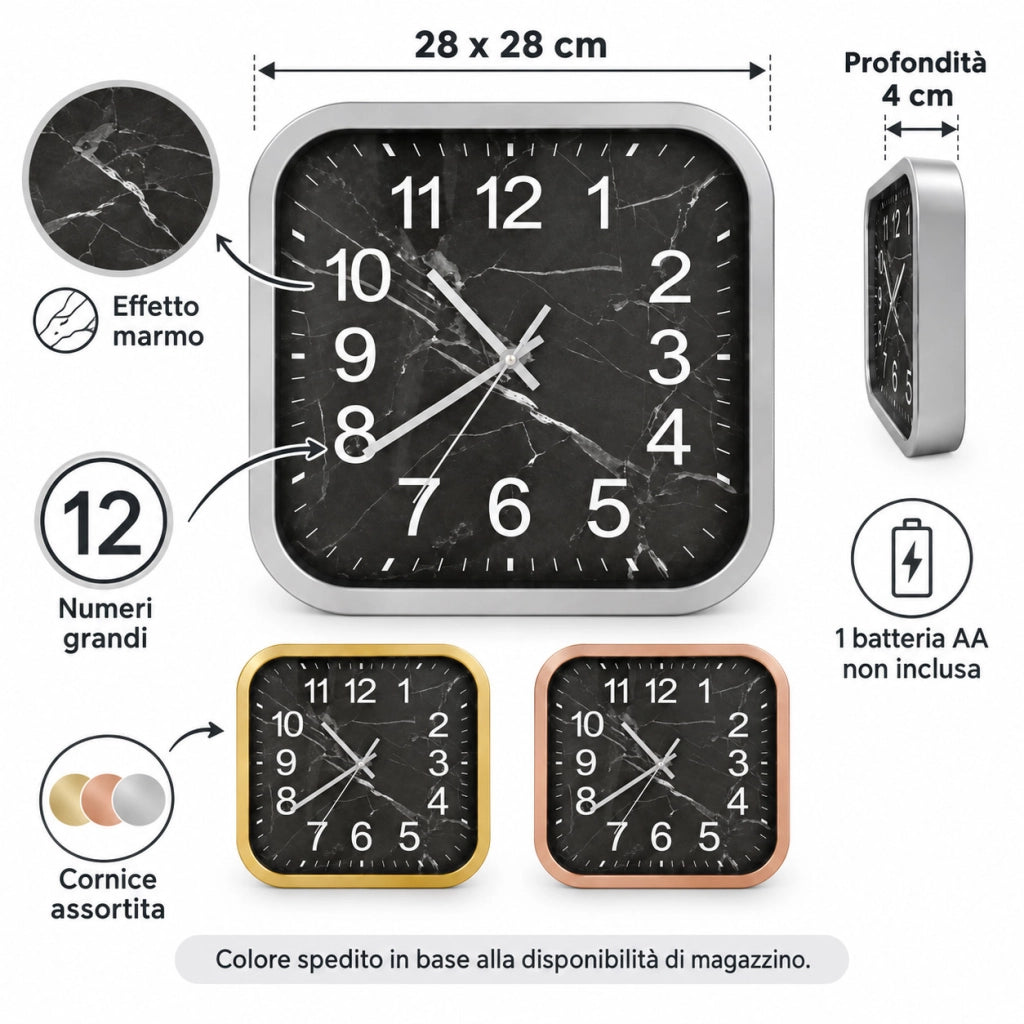 OROLOGIO PARETE QUADRATO 28CM EFFETTO MARMO MODERNO VARI COLORI CASA STUDIO