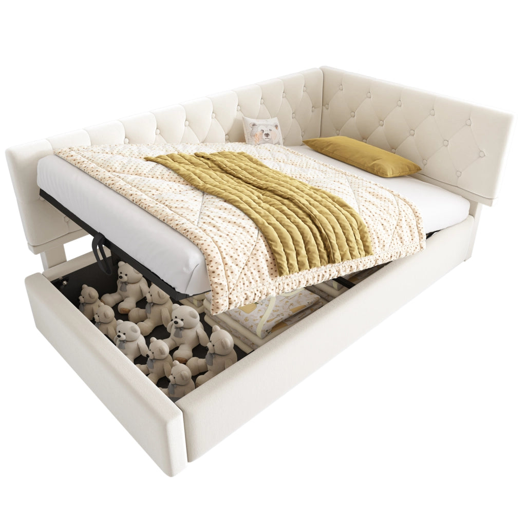 Divano letto 90x200 cm con contenitore idraulico; velluto beige; senza materasso