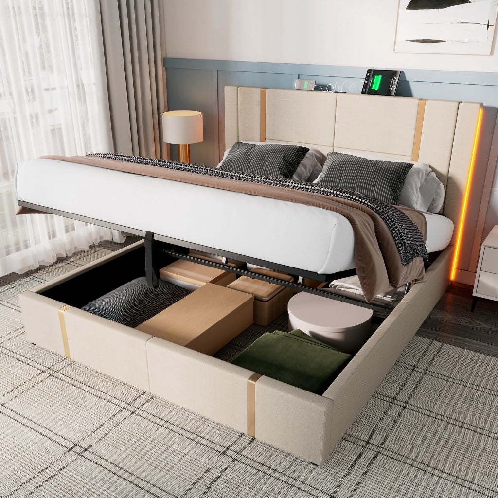Letto con contenitore 160 × 200 cm imbottito in lino beige con LED RGB USB e Type-C rete a doghe in legno