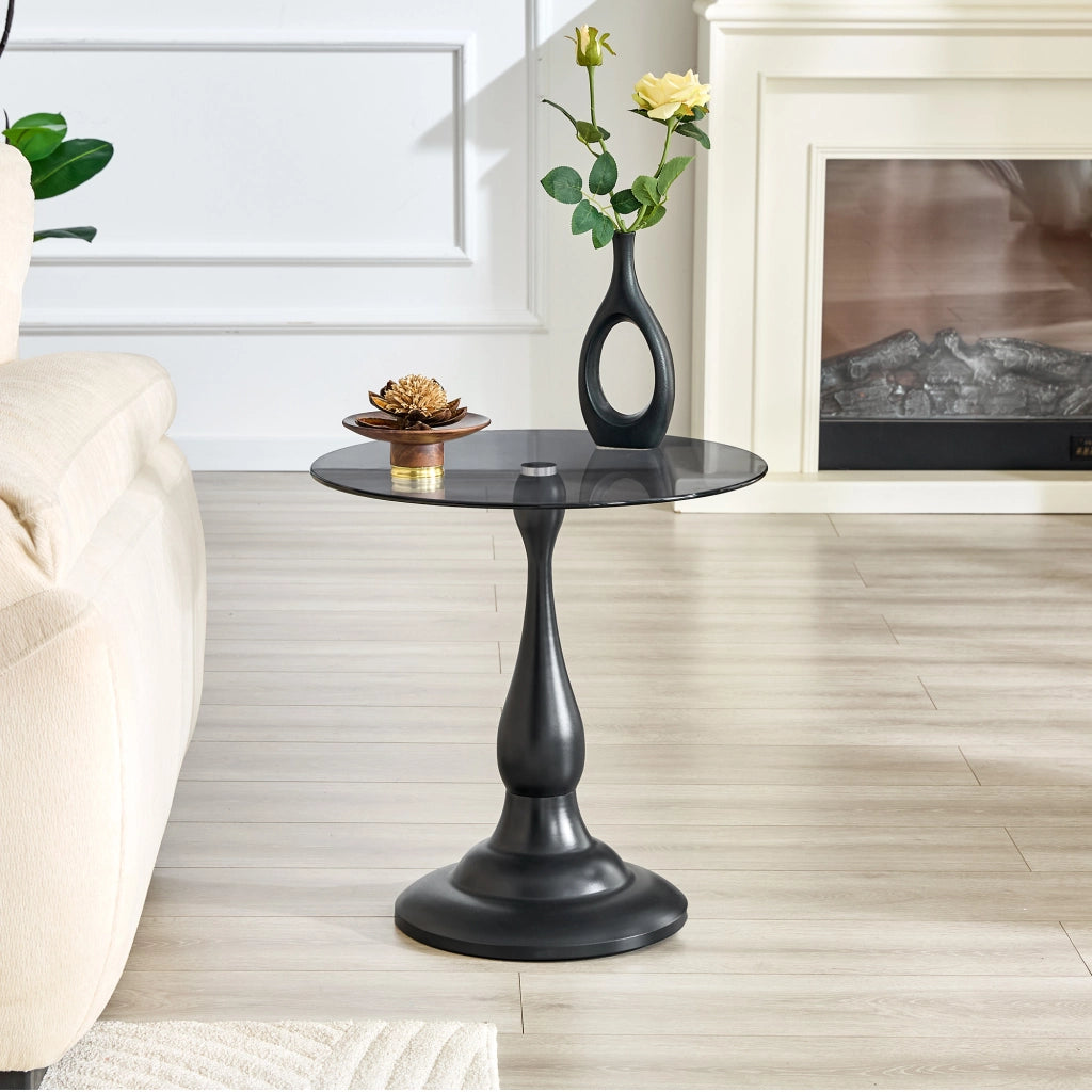 Tavolino da divano rotondo in vetro temperato con base in metallo nero e piano antigraffio diametro 50 cm