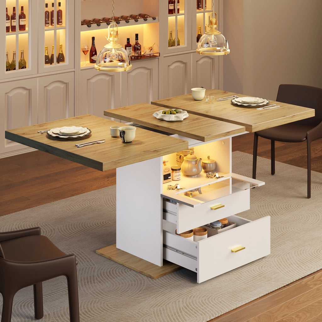 Tavolo da pranzo allungabile con LED controllabile via app e vano contenitore in MDF bianco
