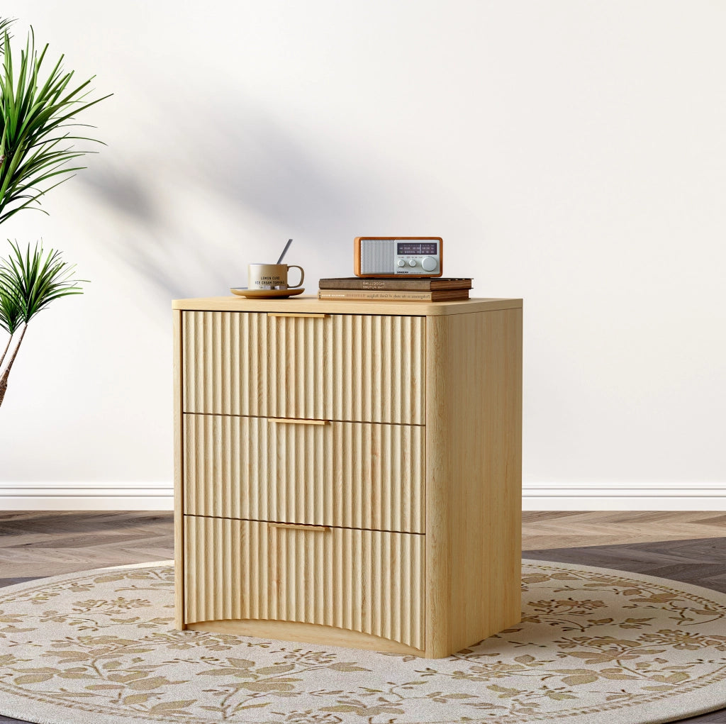 Comodino 58x38x64 cm con 3 cassetti; guide silenziose in MDF; rovere