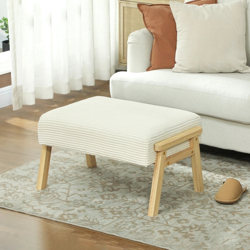 Repose-pied imbottito in Poliestere con gambe in legno, stile retrò, Bianco crema 70 × 46 × 40 cm