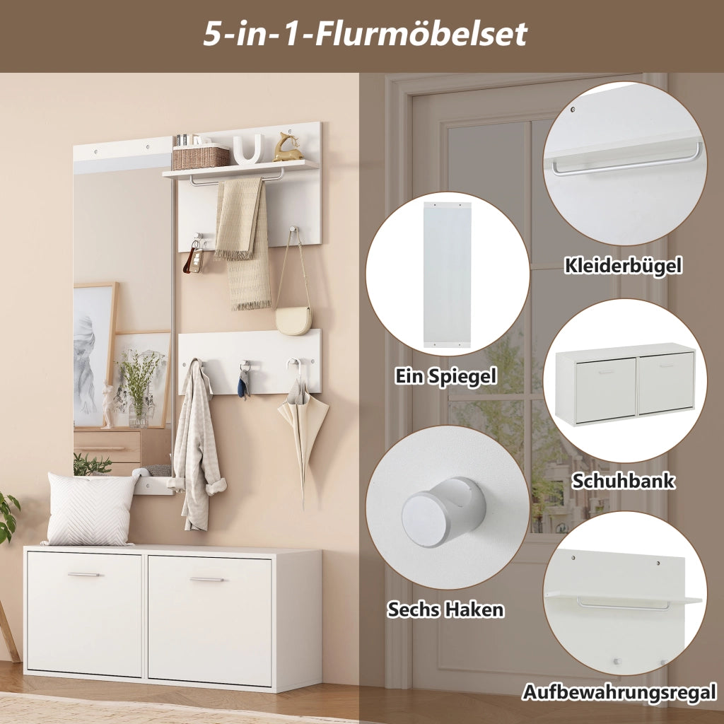 Mobile da ingresso 4 pezzi con specchio, scarpiera a 4 ripiani e 6 ganci, in truciolare, bianco, 90 × 30 × 41,5 cm