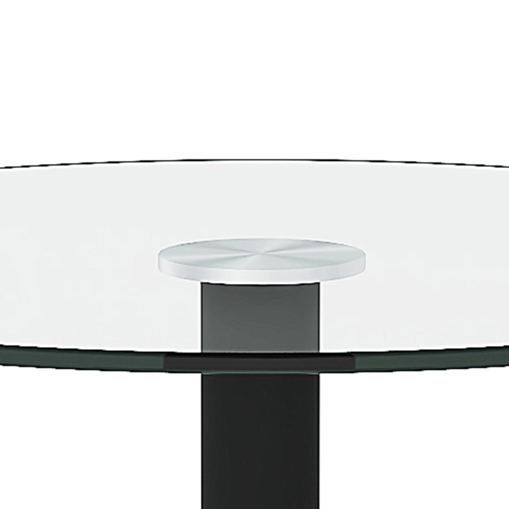 Tavolo alto rotondo con piano in vetro trasparente e base in metallo nero diametro 89 cm altezza 92 cm