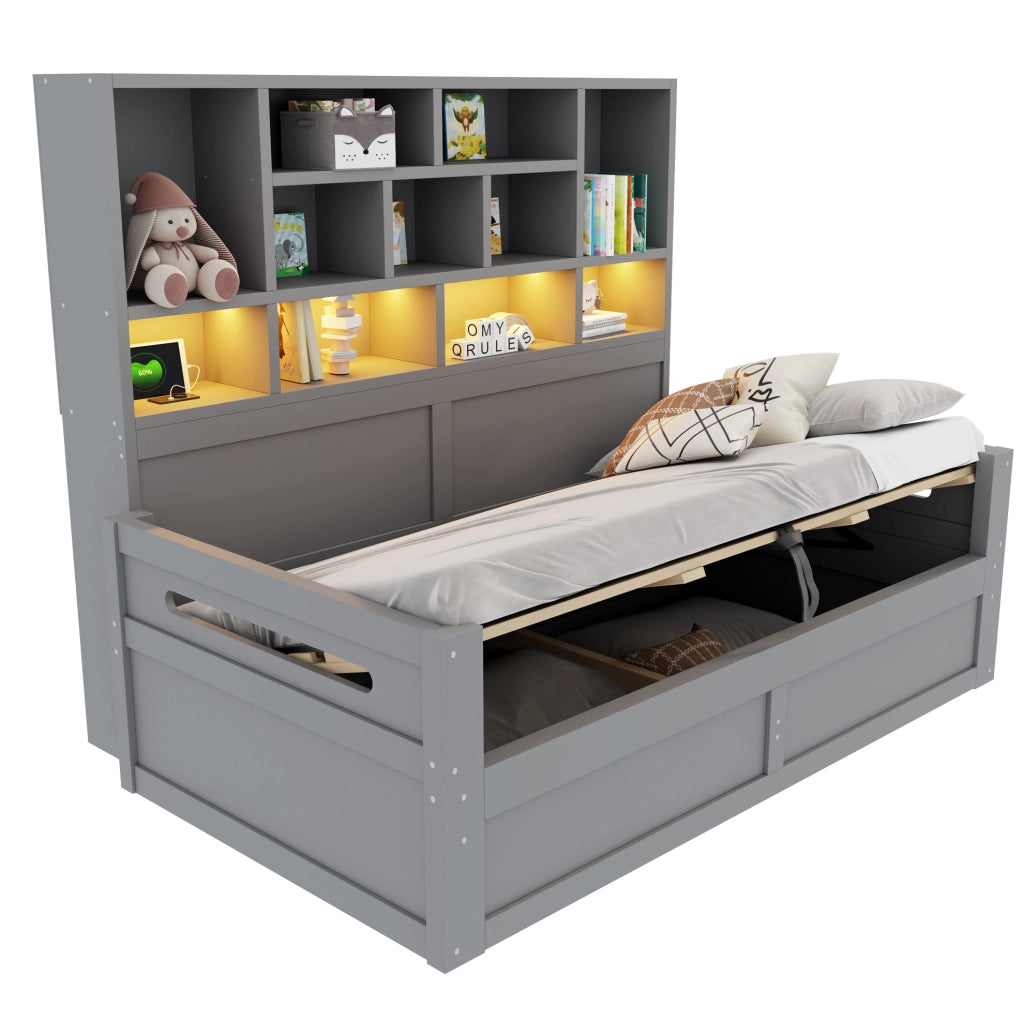 Multifunktionsbett 90x200 cm con contenitore idraulico; LED e prese; MDF; grigio