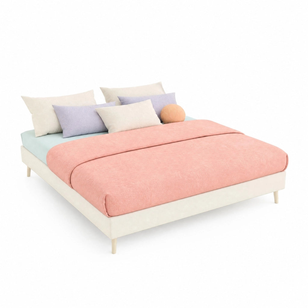 Letto matrimoniale 140x200 cm in tessuto beige con testiera geometrica e struttura in metallo