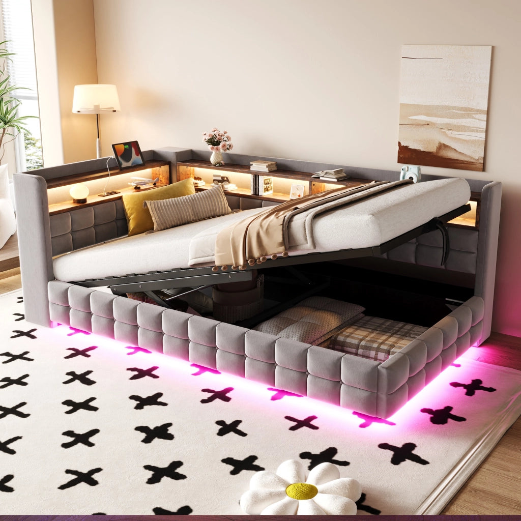 Divano letto 90 × 200 cm con vano contenitore idraulico; ripiani; LED; prese USB e Type-C in velluto grigio chiaro