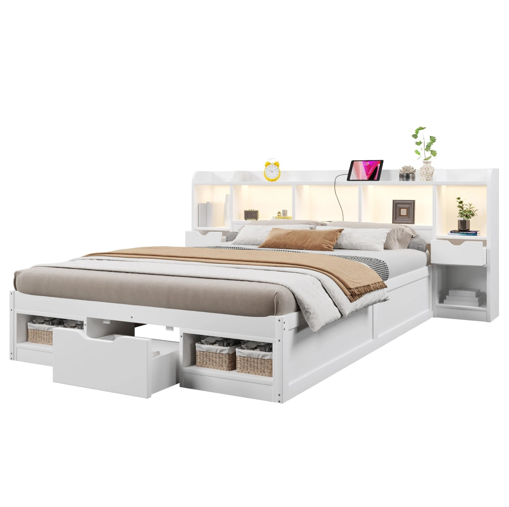 LETTO a Piattaforma 140x200 cm con Vani e Cassetti MDF Bianco