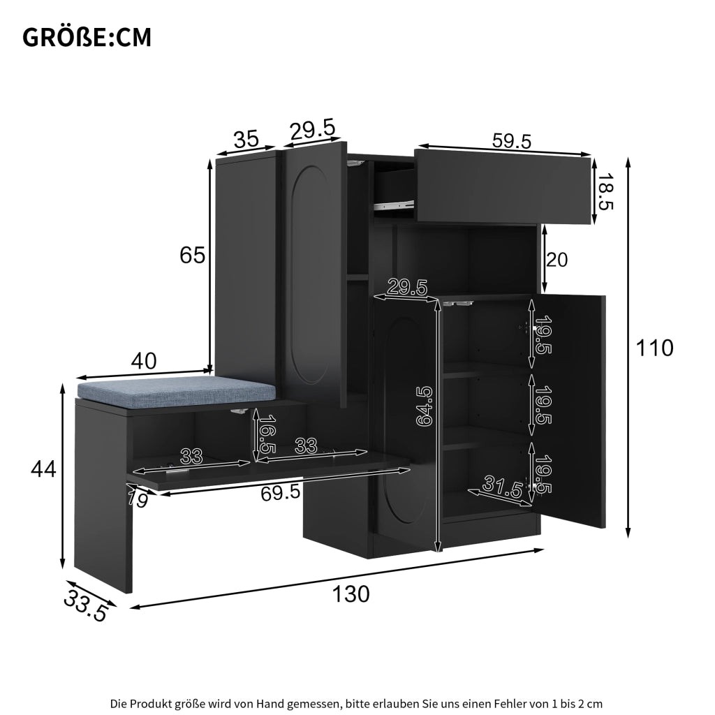 Scarpiera 2-in-1 con seduta imbottita, ante curve soft-close, ripiani regolabili, nero, 130×35×110 cm