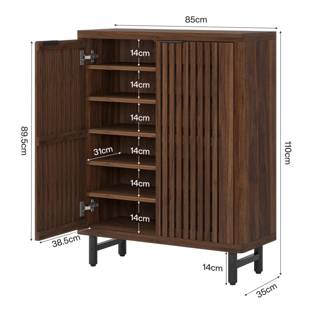 Scarpiera con ante a lamelle e cinque ripiani regolabili in MDF marrone scuro con gambe in metallo 85 × 35 × 110 cm