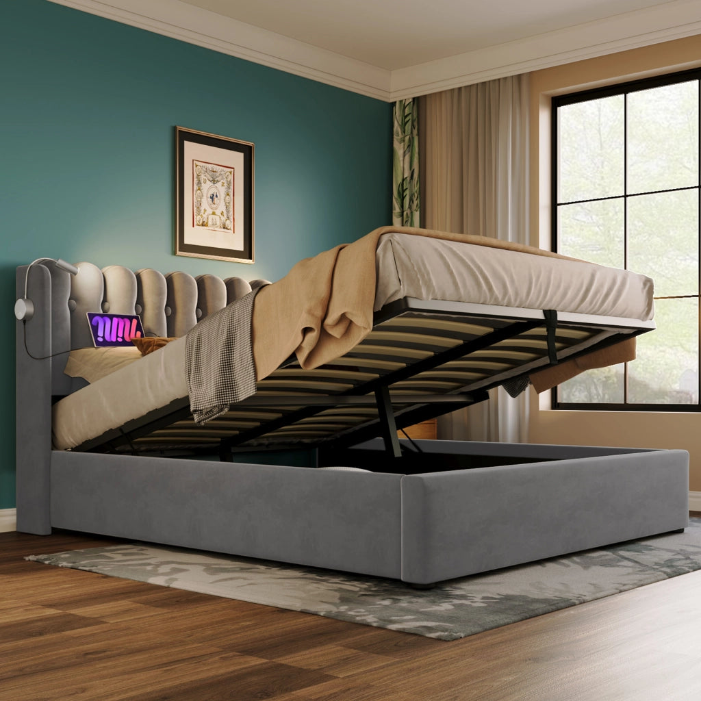 Letto singolo contenitore 90 × 200 cm in velluto grigio con luce da lettura USB rete a doghe e testiera