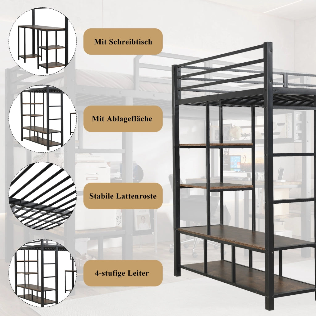 Letto a soppalco per bambini 120 × 200 cm con scrivania ripiano scala a 4 gradini metallo nero noce scuro