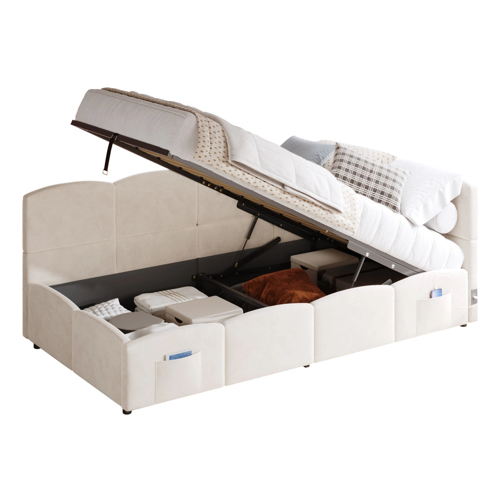 Letto divano contenitore 90x200 cm in velluto beige con USB; USB-C e tasche laterali