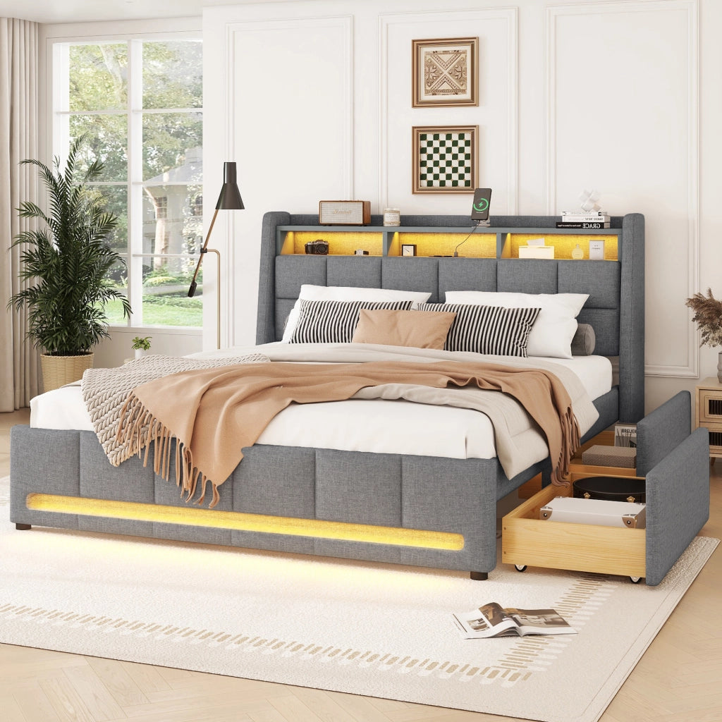 DESMIU Letto Matrimoniale Imbottito 140 × 200 cm con LED, USB, 2 Cassetti e Vano, senza materasso, Grigio