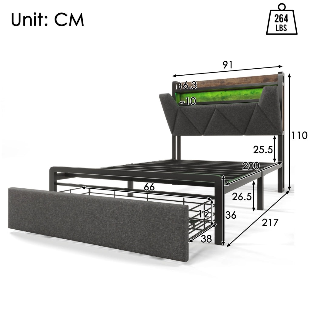 Letto singolo 90x200 con testiera contenitore, LED, USB-C e materasso incluso