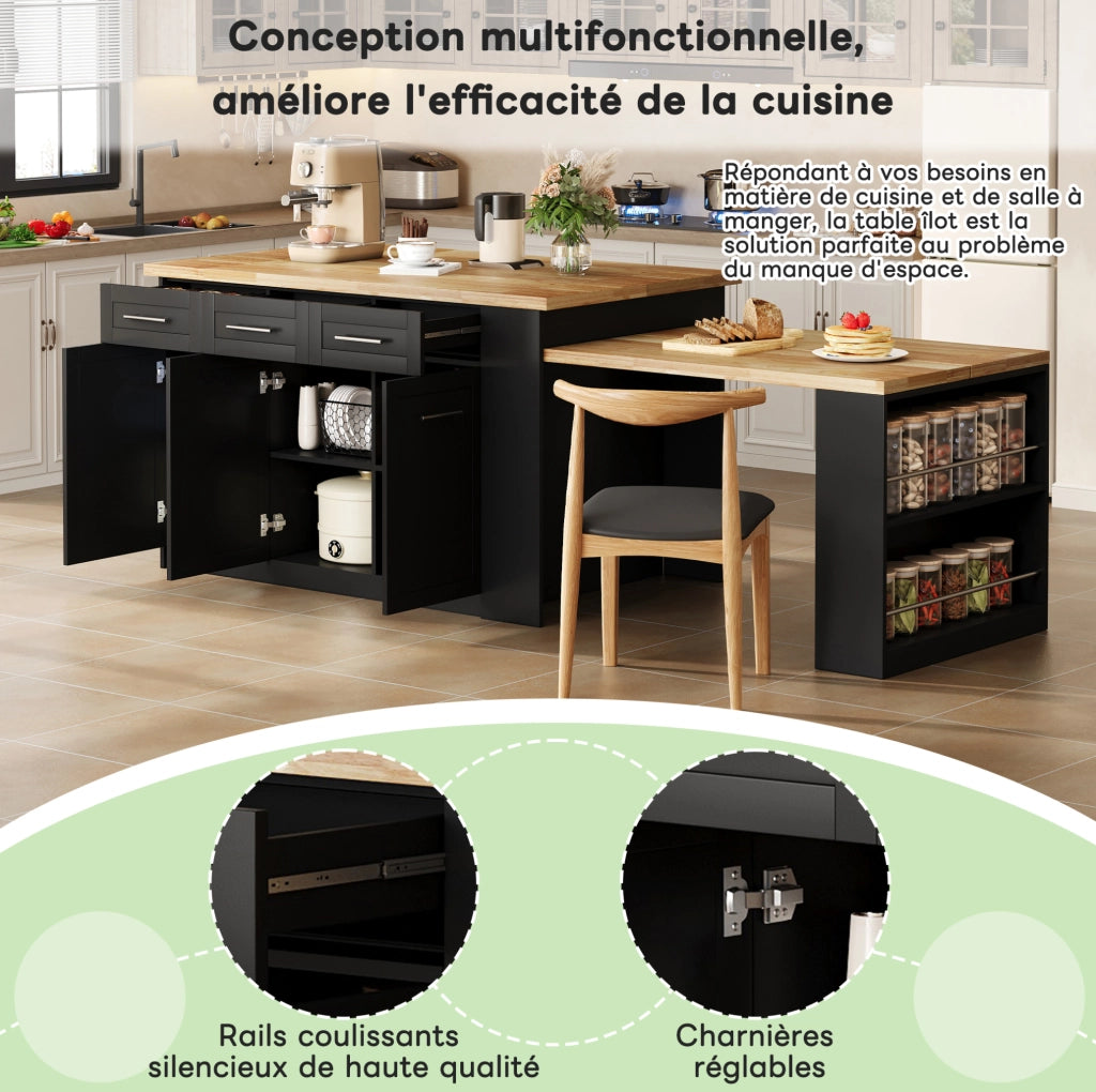 Isola da cucina 150x90x90 cm con tavolo estraibile 80x96 cm; MDF naturale e nero