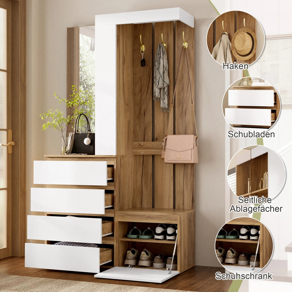 Mobile ingresso con specchio, 4 cassetti, anta e ganci per corridoio, truciolare bianco naturale, 100 × 35 × 180 cm