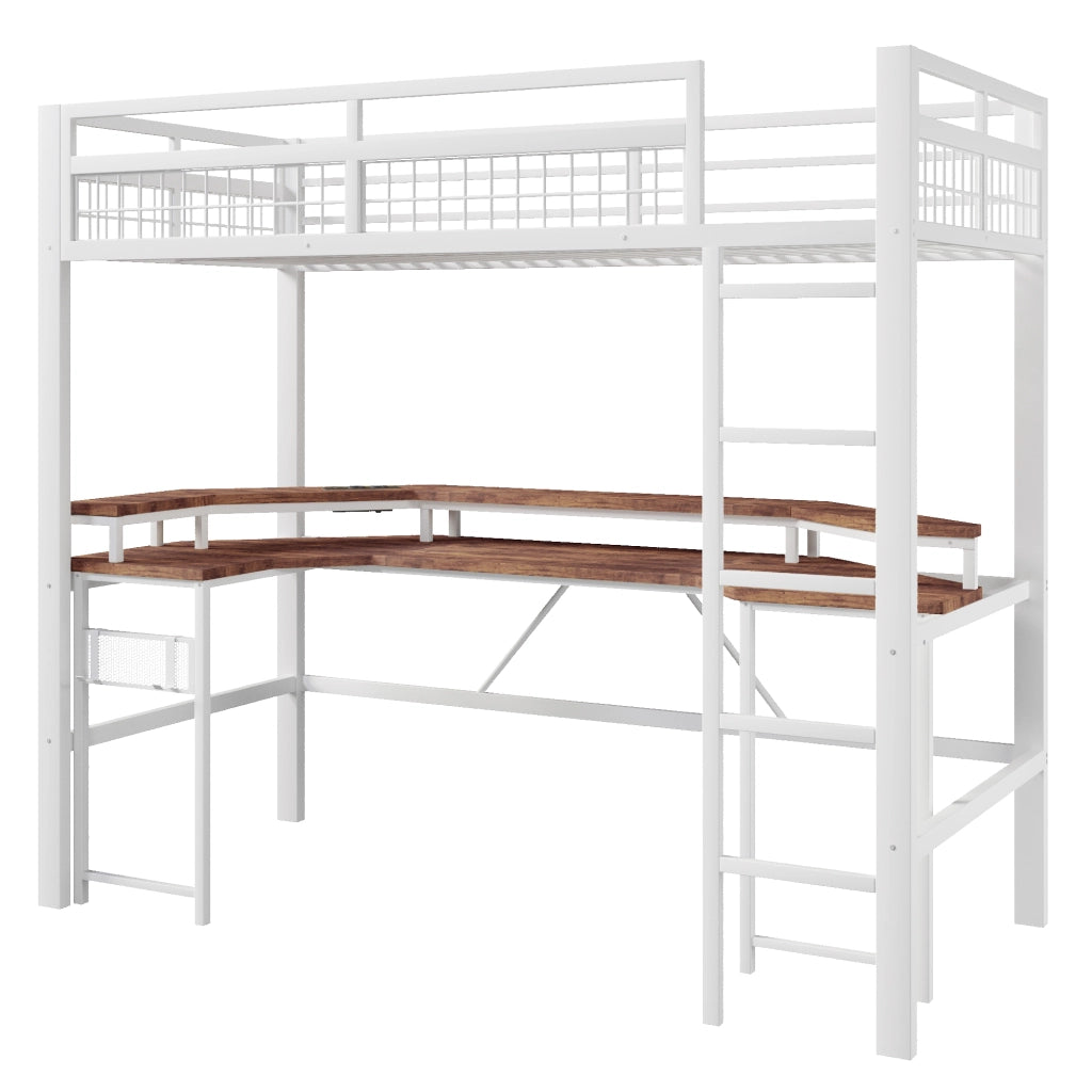 Hochbett 90x200 cm in metallo e MDF, con scrivania, LED RGB, porte USB e prese, bianco