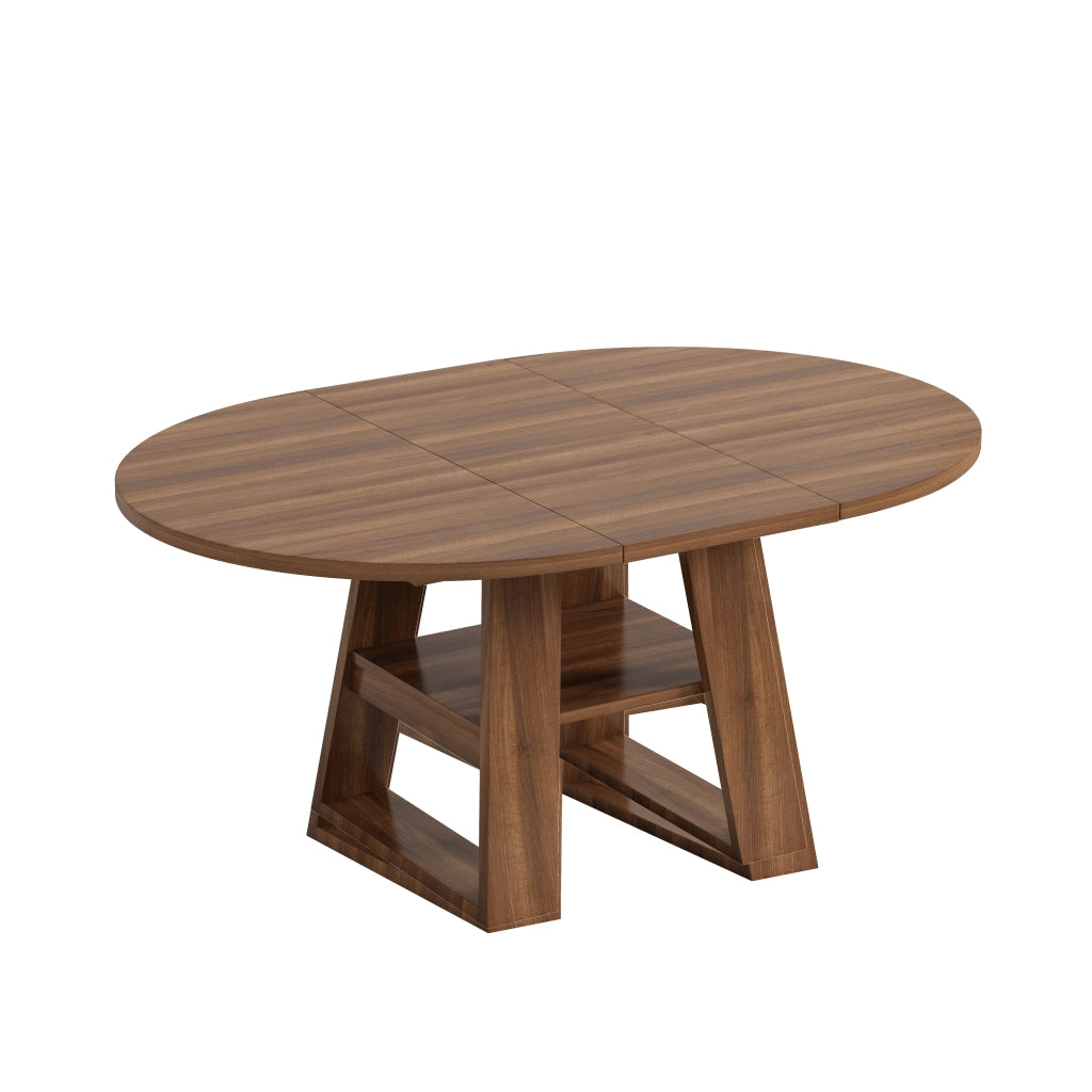 Tavolo da Pranzo Rotondo/Ovale Allungabile Ø110/150x110 cm con Ripiano LEMONMAX; 4-6 Posti; Allunga Integrata; Effetto Noce; MDF