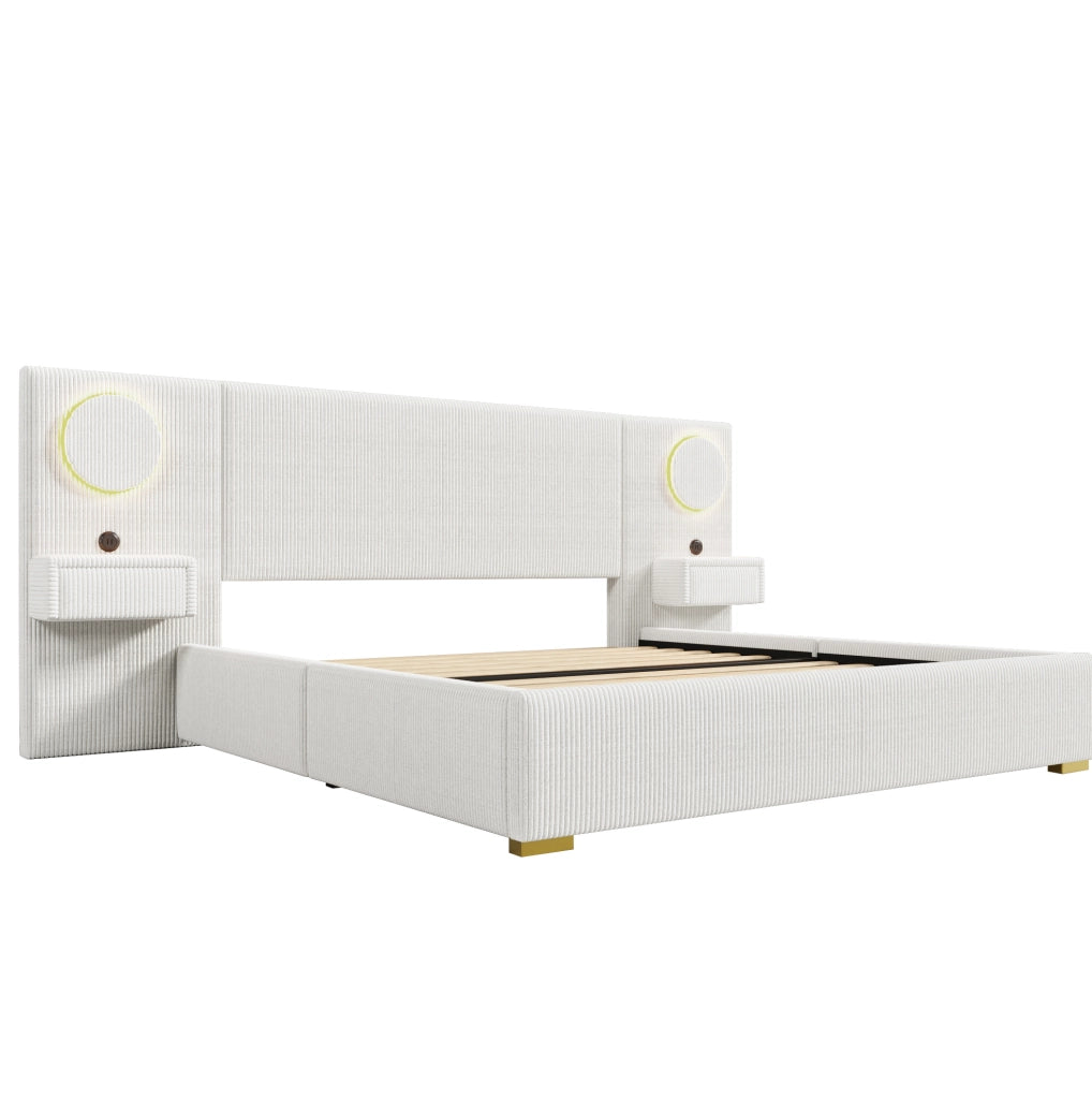 Letto imbottito beige 180x200 cm con LED, USB e comodini