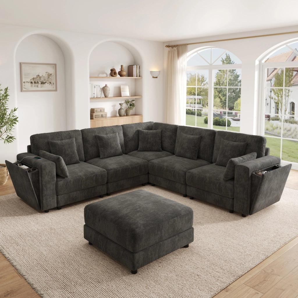 Divano modulare 6 posti a L o U con pouf; USB e tipo C; ciniglia; grigio