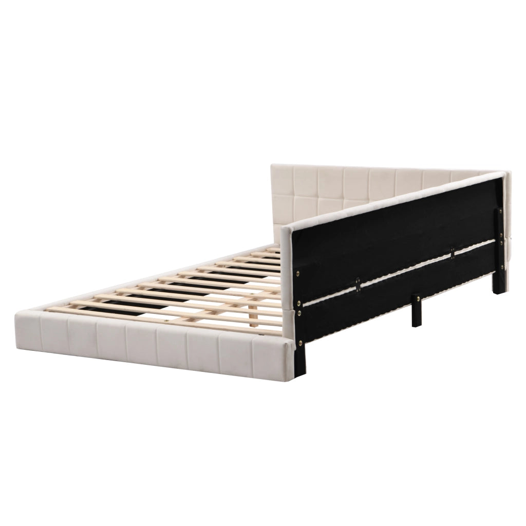Letto imbottito matrimoniale 140×200 cm con rete; schienale e bracciolo; senza materasso; tessuto; beige