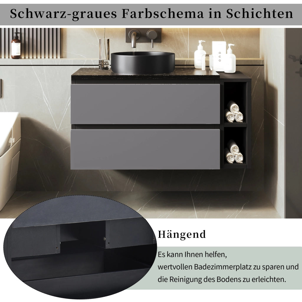 MOBILE BAGNO LAVABO 80 cm Nero/Grigio in MDF con lavabo in ceramica, Set da 2 pezzi