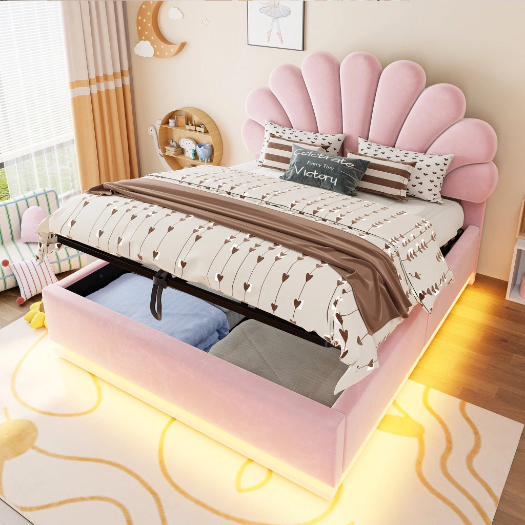 Letto contenitore 140x200 cm; matrimoniale con contenitore idraulico; testiera a fiore; LED; velluto; rosa