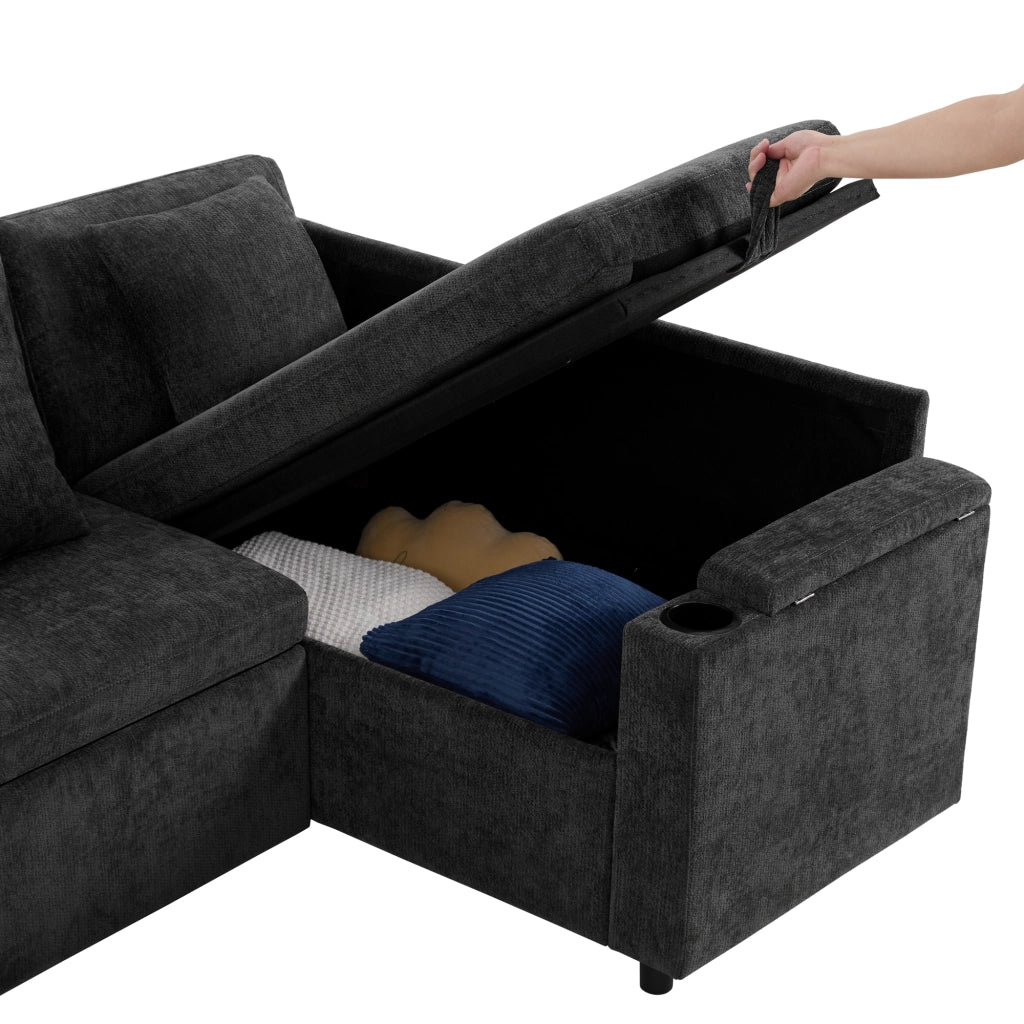 Divano letto angolare 206,5x141 cm con contenitore e USB in ciniglia grigio scuro