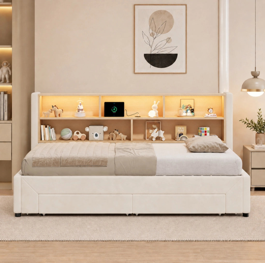 Letto divano allungabile 90x200 cm in velluto beige con 2 cassetti, senza materasso