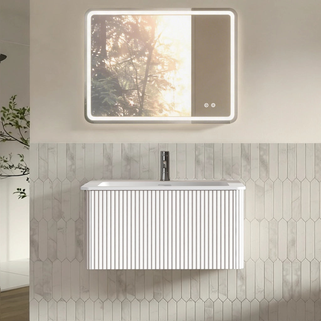 Mobile da bagno con 1 cassetto e specchio LED, antiappannamento per bagno
