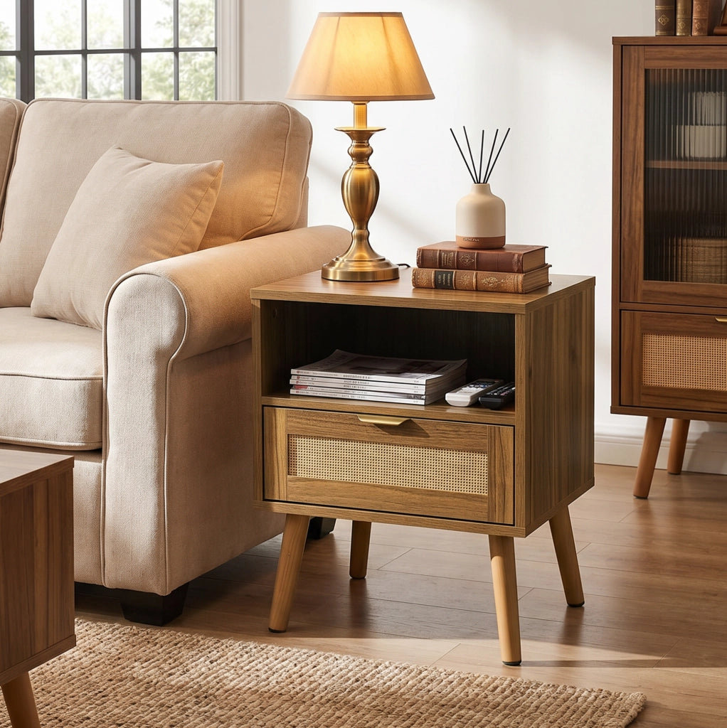 Comodino boho in rattan e MDF color noce con cassetto