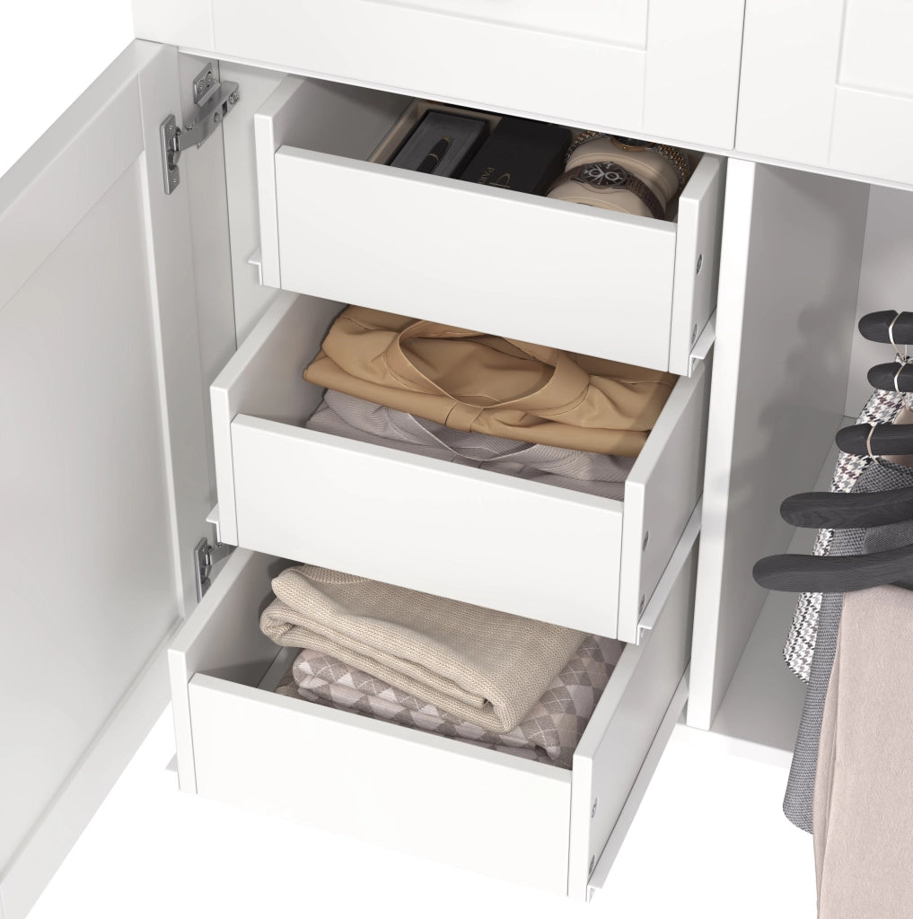 Armadio guardaroba 4 ante con 5 cassetti e 2 appendiabiti; 90x50x200 cm; MDF bianco