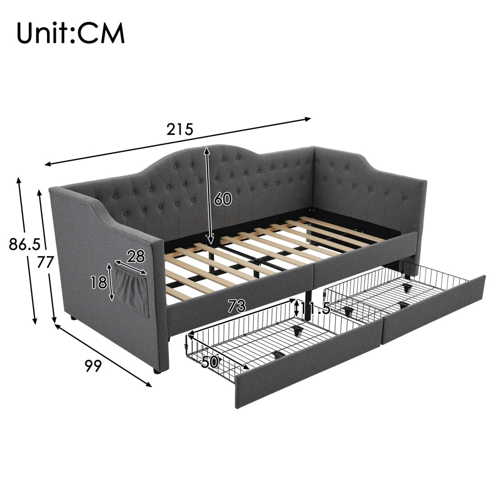 Letto imbottito grigio 90x200 cm con USB Type-C e 2 cassetti