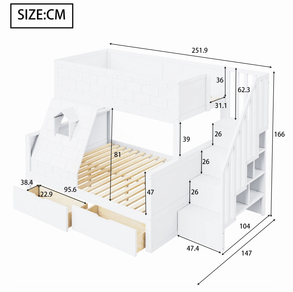 Letto a castello per bambini con scala contenitore; 2 cassetti e finestra; bianco