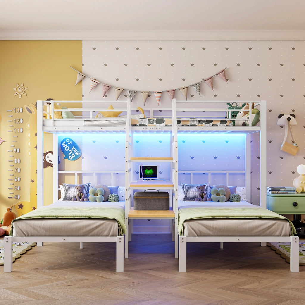 Letto a castello 90 × 200 cm 3 posti con LED; scaletta contenitore; scrivania; USB e presa; senza materasso; bianco
