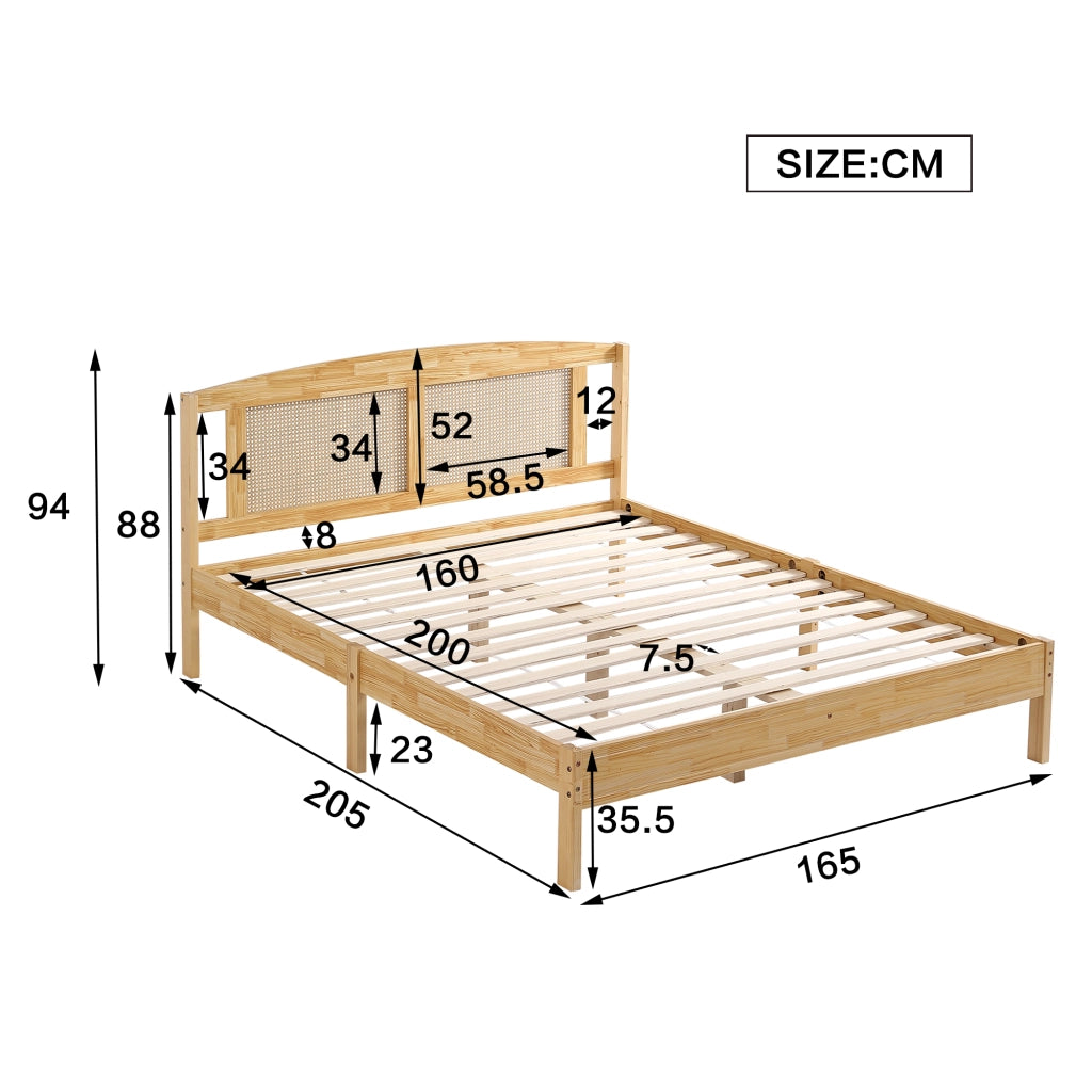 Letto matrimoniale in rattan 160x200 cm, struttura in pino e PE-rattan, colore naturale