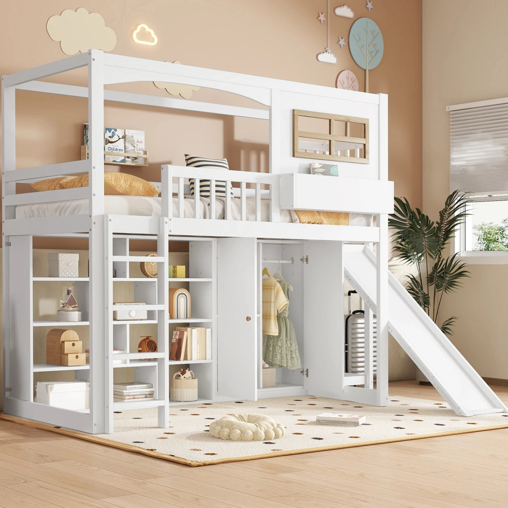 Letto a soppalco per bambini con scivolo; armadio e ripiani; in pino; MDF e compensato; bianco e naturale; 90x200 cm