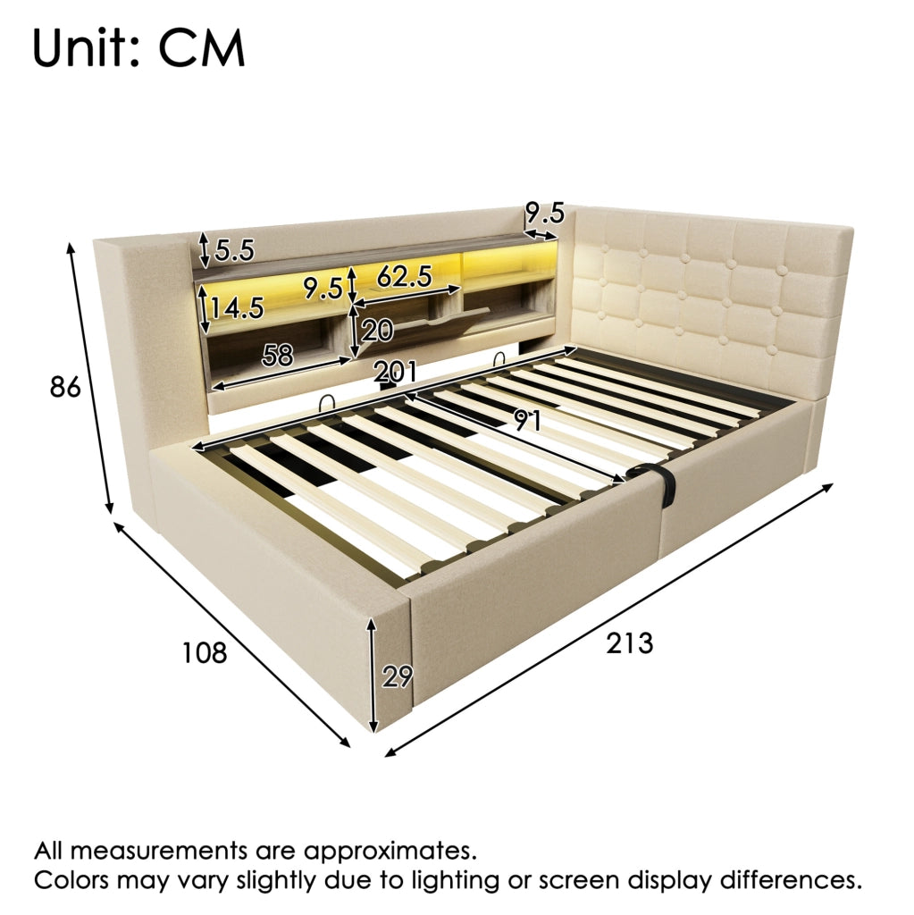 Letto singolo 90x200 cm con contenitore idraulico; LED e materasso H3 beige HOMVRA