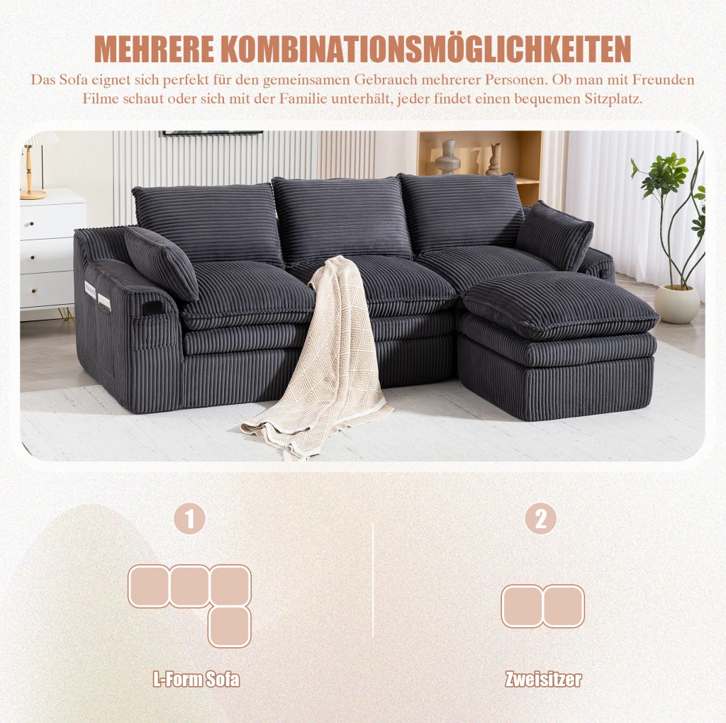 Divano modulare 3 posti in velluto a coste con pouf, cuscini e doppie tasche laterali, schiuma a 3 strati con molle per rapido ritorno elastico, colore grigio scuro, 263x167x85 cm