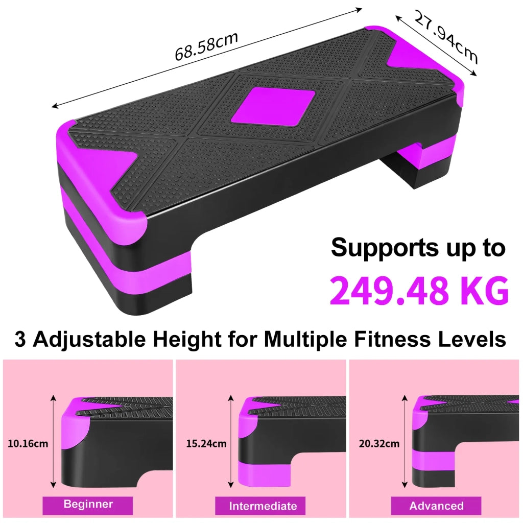 Piattaforma Step Aerobica Viola, 3 Livelli Regolabili (10,16-15,24-20,32 cm), Stepper Fitness per Casa e Ufficio, Salvaspazio