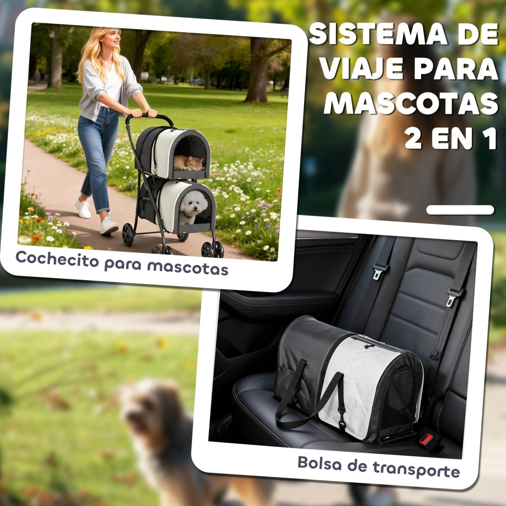 Passeggino Doppio per Cani e Gatti Pieghevole ¨C Xylo ¨C 2 Trasportini Rimovibili 66x50x98cm Grigio Scuro