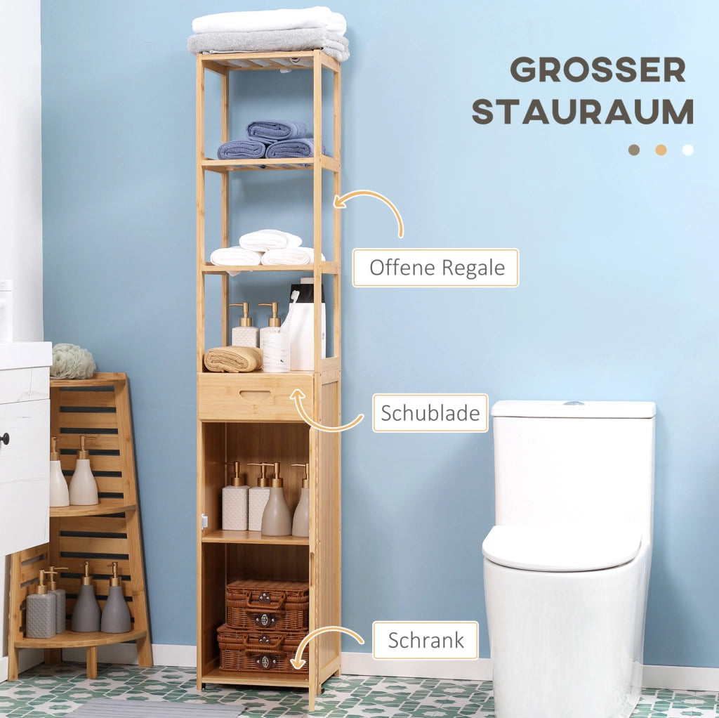Colonna bagno in bambù con cassetto e anta a lamelle
