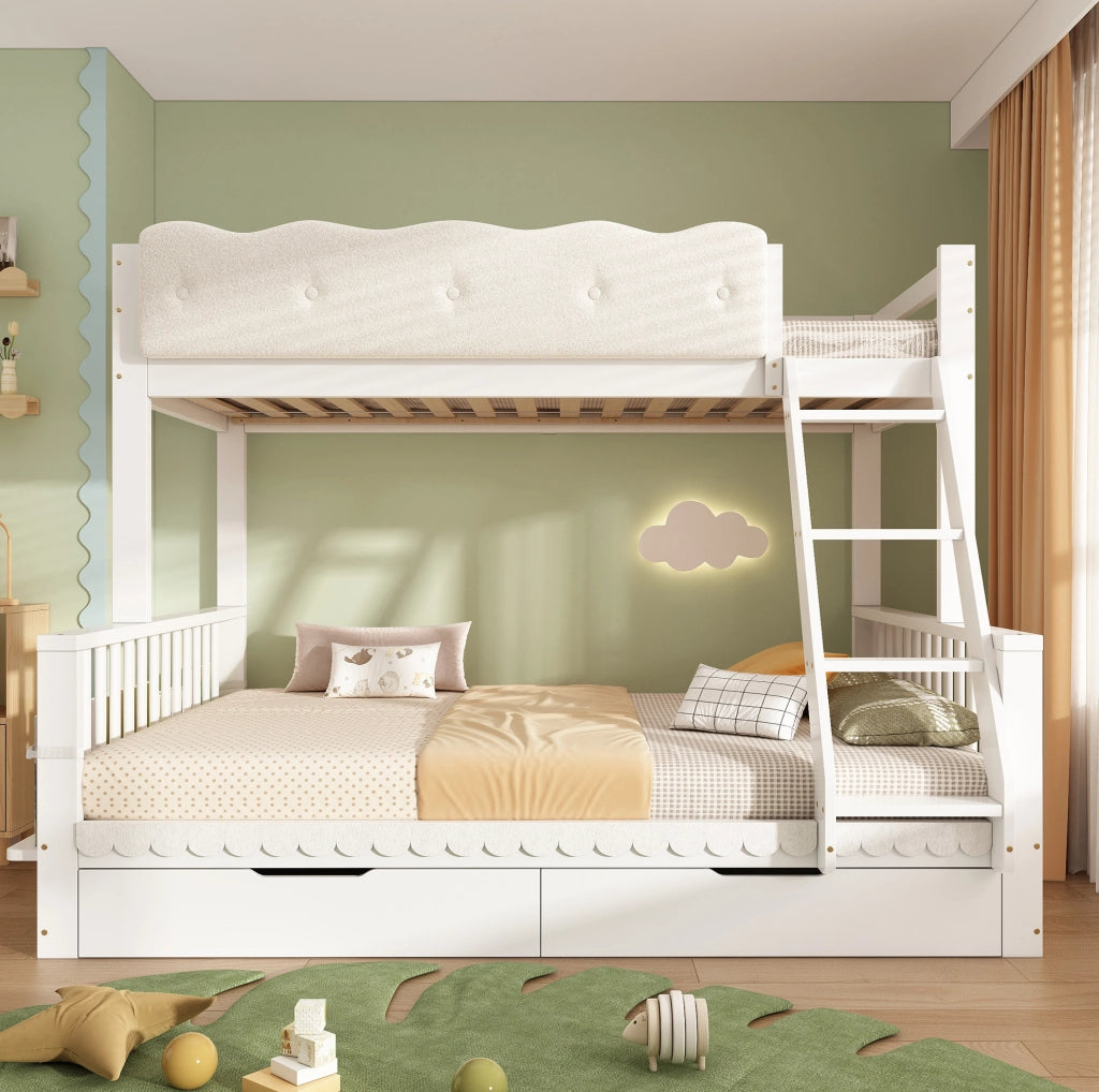 Letto a castello per bambini 90x200/140x200 cm con sponde a nuvola, cassetti e porta riviste, struttura in legno bianco, senza materasso